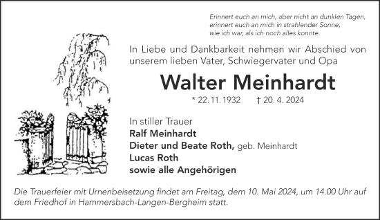 Traueranzeige von Walter Meinhardt von Mittelhessen-Bote