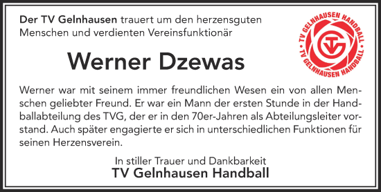 Traueranzeige von Werner Dzewas von Gelnhäuser Neue Zeitung