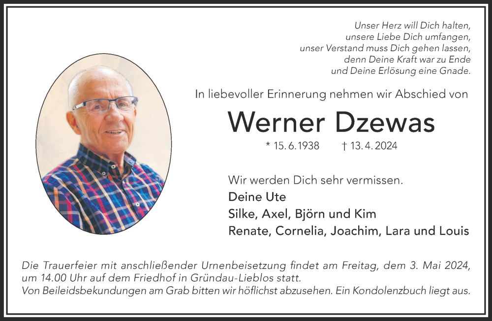  Traueranzeige für Werner Dzewas vom 20.04.2024 aus Gelnhäuser Neue Zeitung