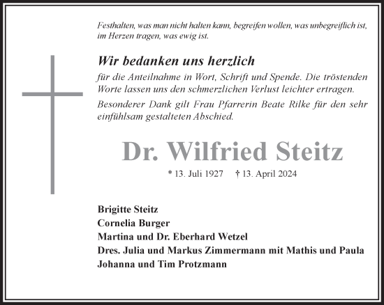 Traueranzeige von Wilfried Steitz von Gelnhäuser Neue Zeitung