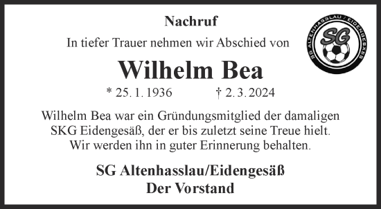 Traueranzeige von Wilhelm Bea von Gelnhäuser Neue Zeitung