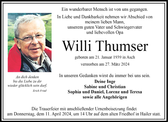 Traueranzeige von Willi Thumser von Gelnhäuser Neue Zeitung