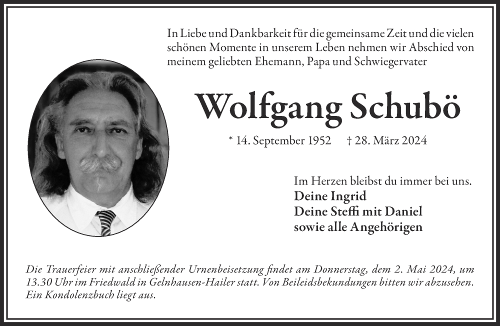  Traueranzeige für Wolfgang Schubö vom 27.04.2024 aus Gelnhäuser Neue Zeitung
