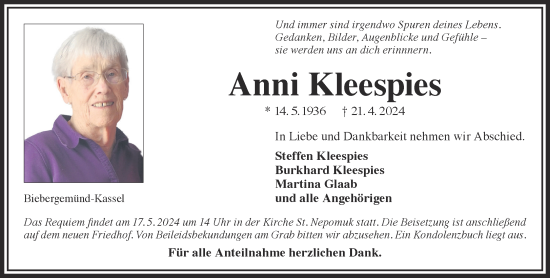 Traueranzeige von Anni Kleespies von Mittelhessen-Bote