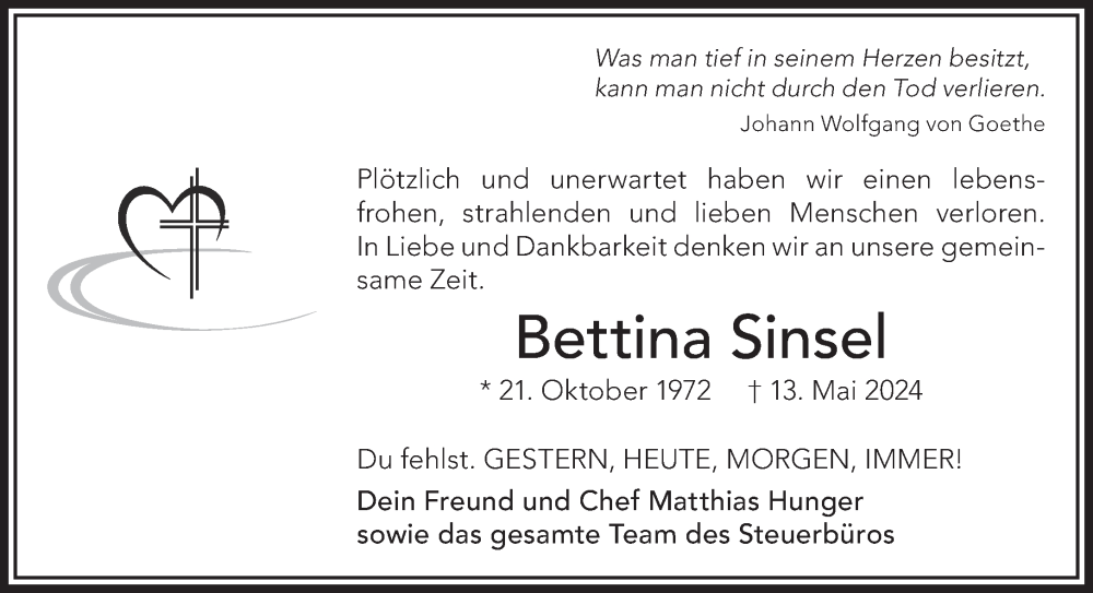  Traueranzeige für Bettina Sinsel vom 25.05.2024 aus Gelnhäuser Neue Zeitung