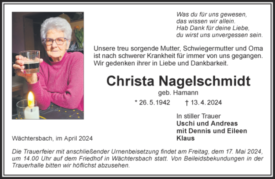 Traueranzeige von Christa Nagelschmidt von Mittelhessen-Bote