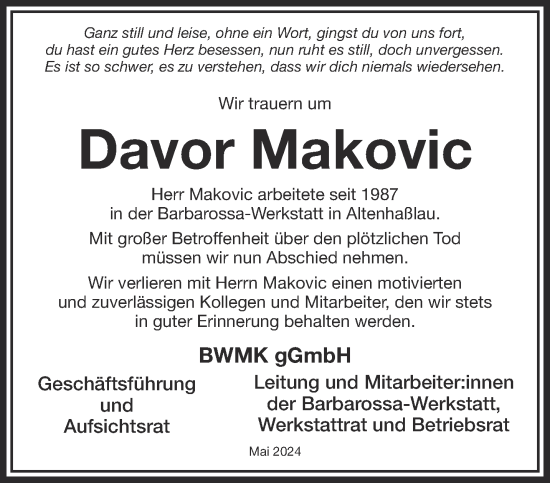 Traueranzeige von Davor Makovic von Gelnhäuser Neue Zeitung