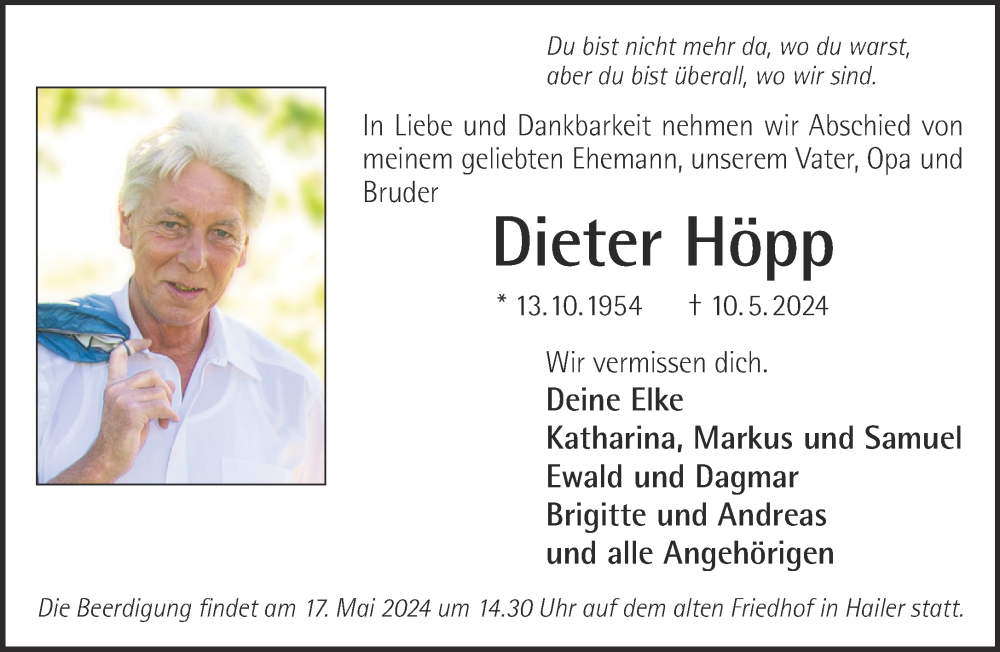  Traueranzeige für Dieter Höpp vom 14.05.2024 aus Gelnhäuser Neue Zeitung