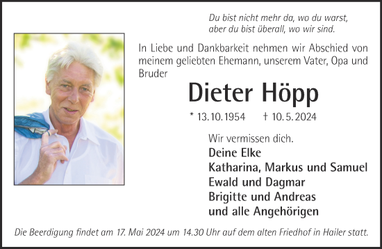 Traueranzeige von Dieter Höpp von Gelnhäuser Neue Zeitung