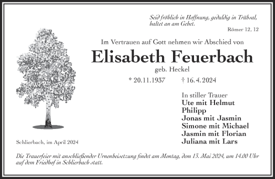 Traueranzeige von Elisabeth Feuerbach von Mittelhessen-Bote