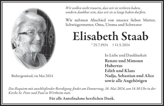 Traueranzeige von Elisabeth Staab von Gelnhäuser Neue Zeitung