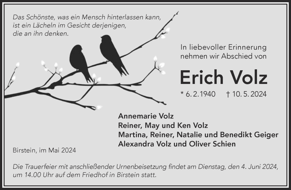  Traueranzeige für Erich Volz vom 18.05.2024 aus Gelnhäuser Neue Zeitung