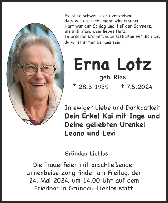 Traueranzeige von Erna Lotz von Gelnhäuser Neue Zeitung