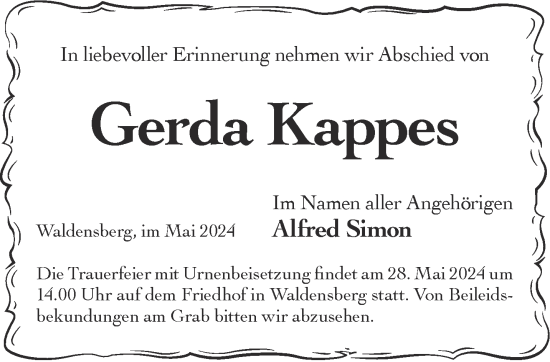 Traueranzeige von Gerda Kappes von Gelnhäuser Neue Zeitung