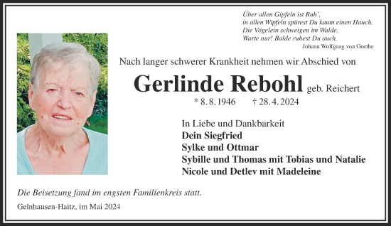 Traueranzeige von Gerlinde Rebohl von Gelnhäuser Neue Zeitung