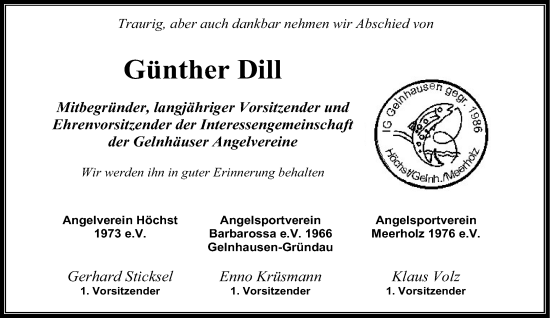 Traueranzeige von Günther Dill von Gelnhäuser Neue Zeitung