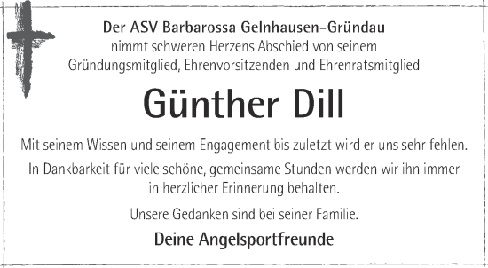 Traueranzeige von Günther Dill von Gelnhäuser Neue Zeitung