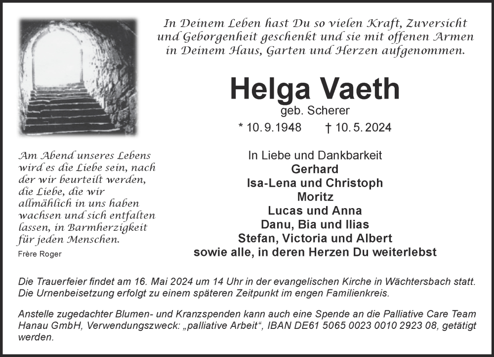  Traueranzeige für Helga Vaeth vom 14.05.2024 aus Gelnhäuser Neue Zeitung