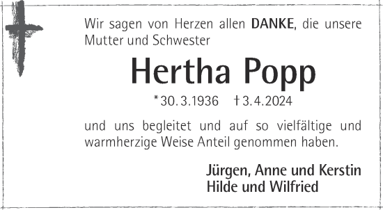 Traueranzeige von Hertha Popp von Gelnhäuser Neue Zeitung