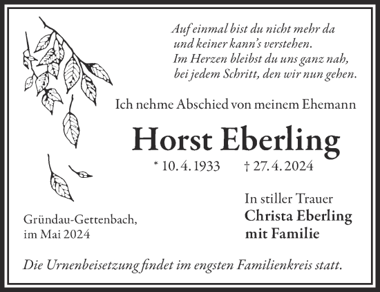 Traueranzeige von Horst Eberling von Gelnhäuser Neue Zeitung