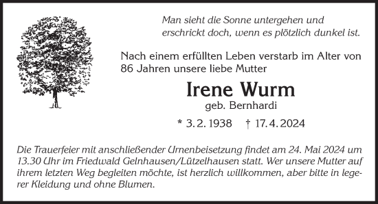 Traueranzeige von Irene Wurm von Gelnhäuser Neue Zeitung