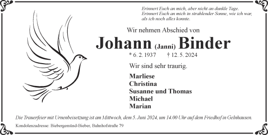 Traueranzeige von Johann Binder von Mittelhessen-Bote