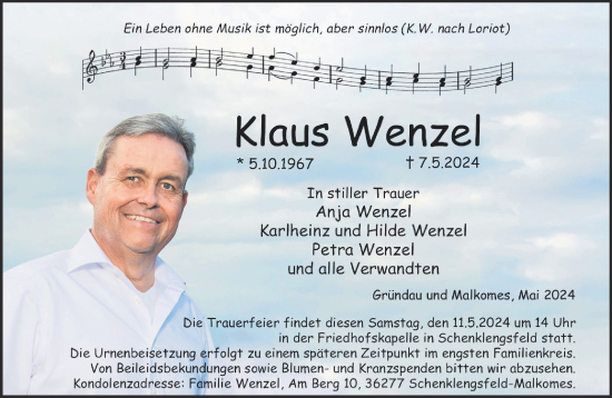 Traueranzeige von Klaus Wenzel von Gelnhäuser Neue Zeitung