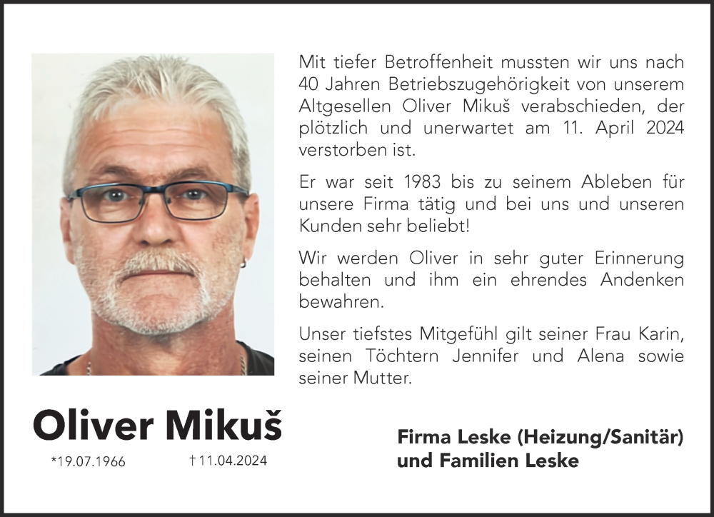  Traueranzeige für Oliver Mikus vom 18.05.2024 aus Mittelhessen-Bote