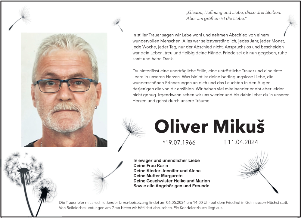  Traueranzeige für Oliver Mikus vom 04.05.2024 aus Mittelhessen-Bote
