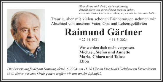 Traueranzeige von Raimund Gärtner von Gelnhäuser Neue Zeitung