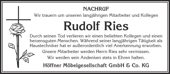 Traueranzeige von Rudolf Ries von Mittelhessen-Bote