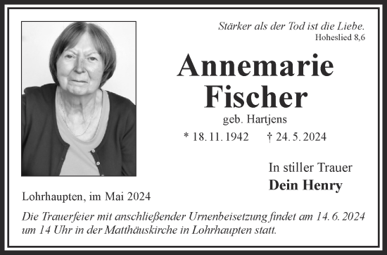 Traueranzeige von Annemarie Fischer von Gelnhäuser Neue Zeitung