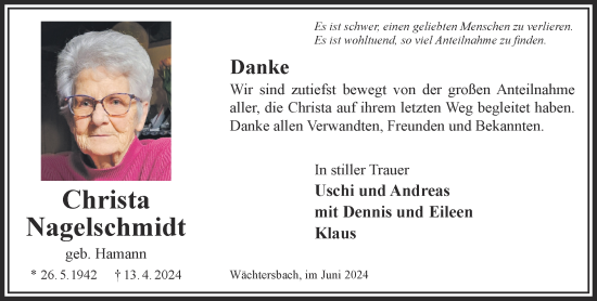 Traueranzeige von Christa Nagelschmidt von Gelnhäuser Neue Zeitung