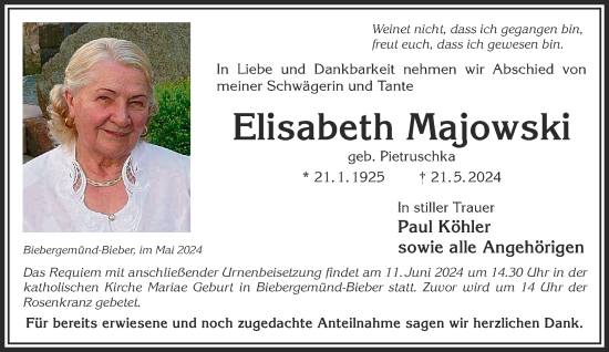 Traueranzeige von Elisabeth Majowski von Gelnhäuser Neue Zeitung