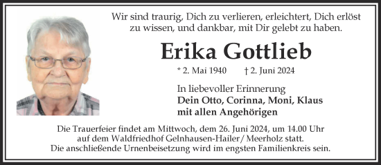 Traueranzeige von Erika Gottlieb von Gelnhäuser Neue Zeitung