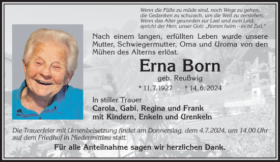 Traueranzeige von Erna Born von Gelnhäuser Neue Zeitung