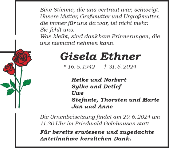 Traueranzeige von Gisela Ethner von Gelnhäuser Neue Zeitung