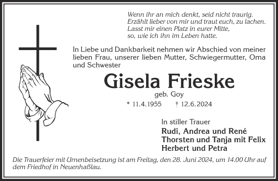 Traueranzeige von Gisela Frieske von Mittelhessen-Bote