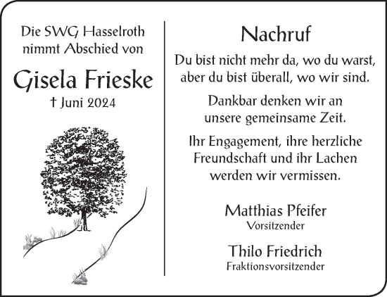 Traueranzeige von Gisela Frieske von Gelnhäuser Neue Zeitung