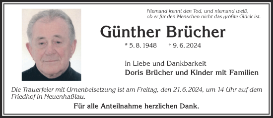 Traueranzeige von Günther Brücher von Gelnhäuser Neue Zeitung