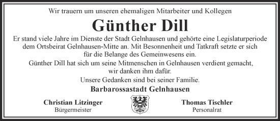 Traueranzeige von Günther Dill von Gelnhäuser Neue Zeitung