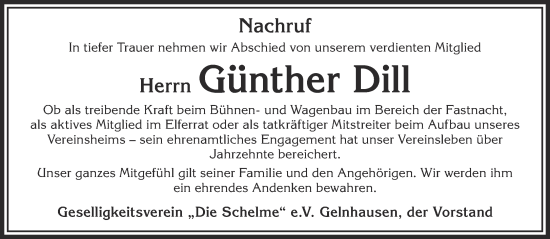 Traueranzeige von Günther Dill von Gelnhäuser Neue Zeitung