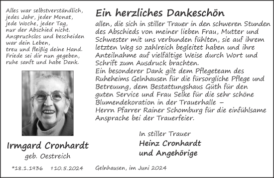 Traueranzeige von Irmgard Cronhardt von Gelnhäuser Neue Zeitung