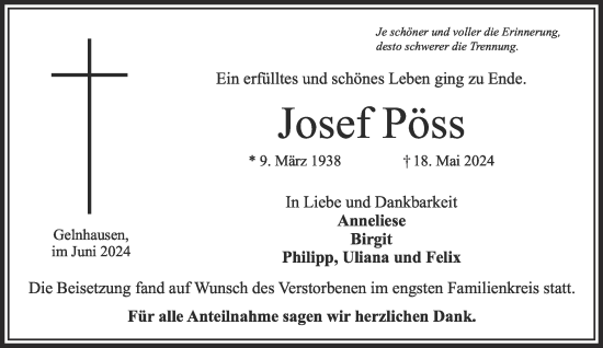 Traueranzeige von Josef Pöss von Gelnhäuser Neue Zeitung