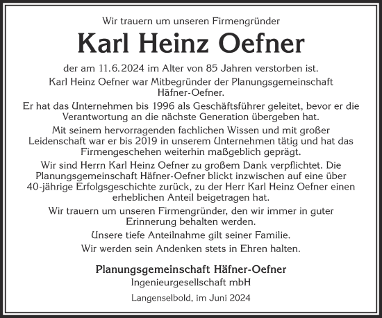 Traueranzeige von Karl Heinz Oefner von Gelnhäuser Neue Zeitung