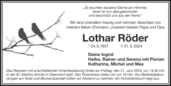 Traueranzeige von Lothar Röder von Gelnhäuser Neue Zeitung