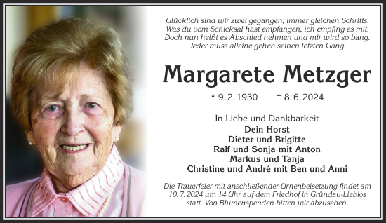 Traueranzeige von Margarete Metzger von Gelnhäuser Neue Zeitung