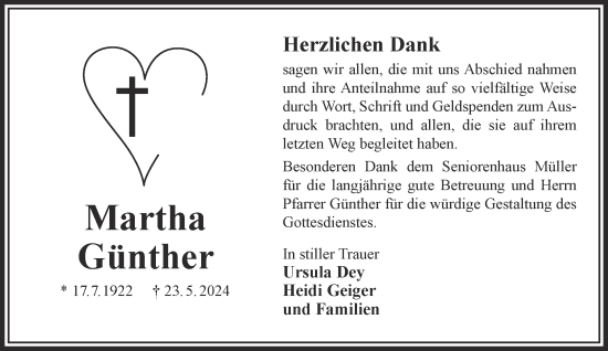 Traueranzeige von Martha Günther von Gelnhäuser Neue Zeitung