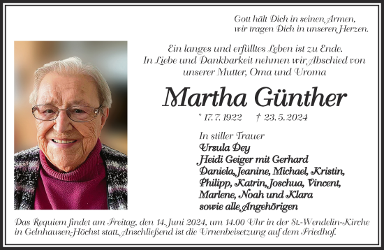 Traueranzeige von Martha Günther von Gelnhäuser Neue Zeitung