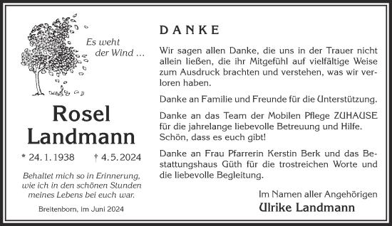 Traueranzeige von Rosel Landmann von Gelnhäuser Neue Zeitung